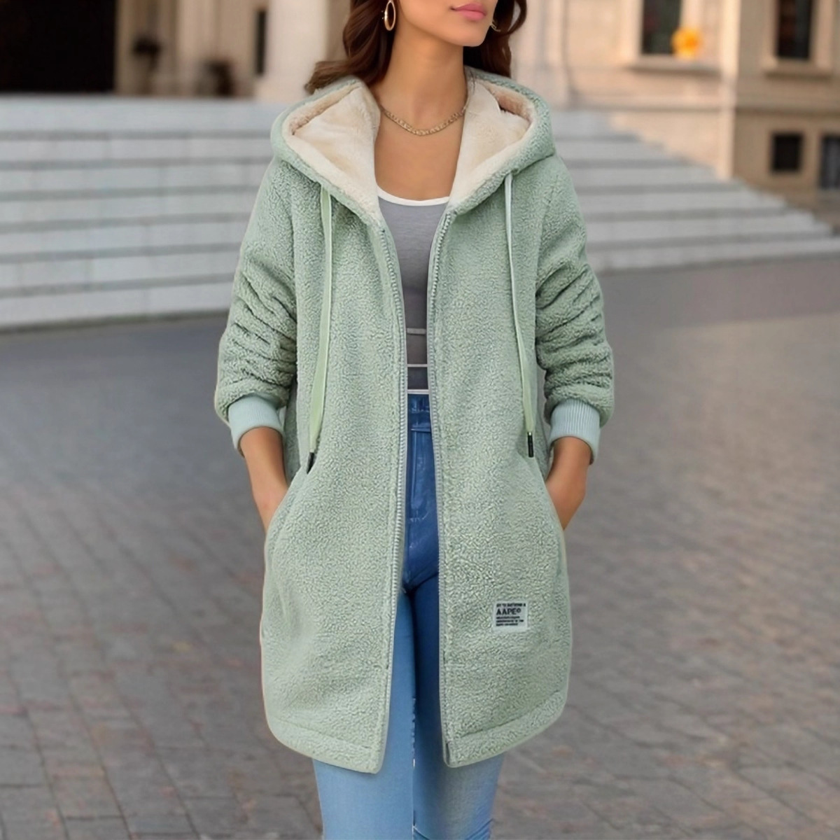 Thick Fleece Mid Length Jacket - Sherpa Hoodie Fleece reseña y precio