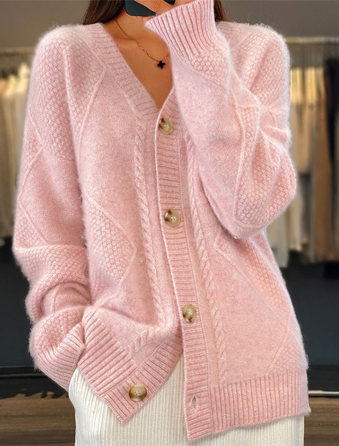 Women V Neck Cable Knit Cardig - Down Jacket Packable reseña y precio
