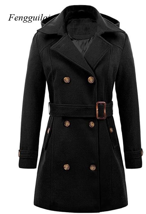 Women's Black Hooded Double Br - Wool Coat Peacoat reseña y precio