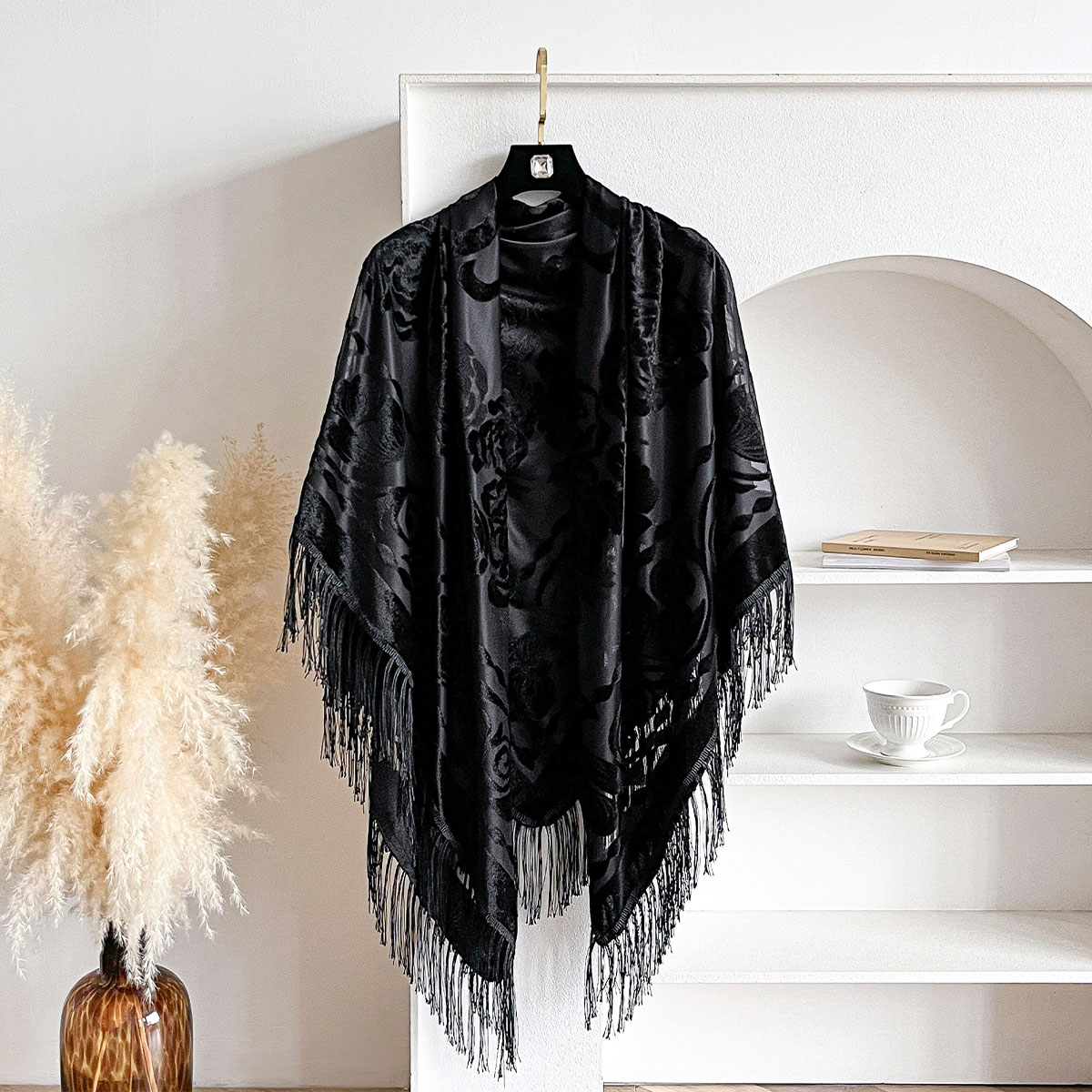 Retro Velvet Tassel Scarf Flor - Shawl Wrap Winter reseña y precio