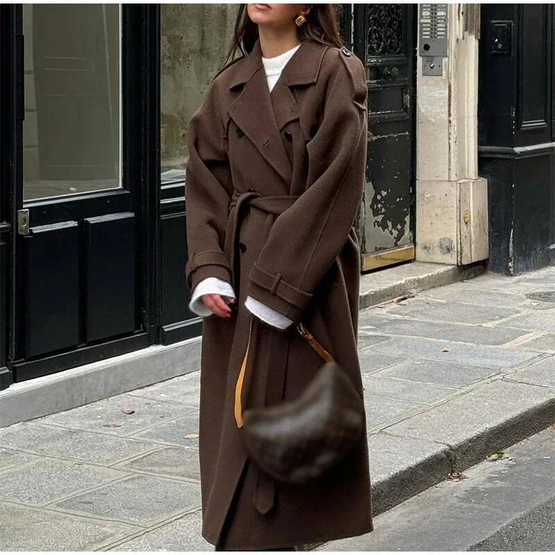 Elegant Grey Belt Long Faux Wo - Wool Coat Peacoat reseña y precio